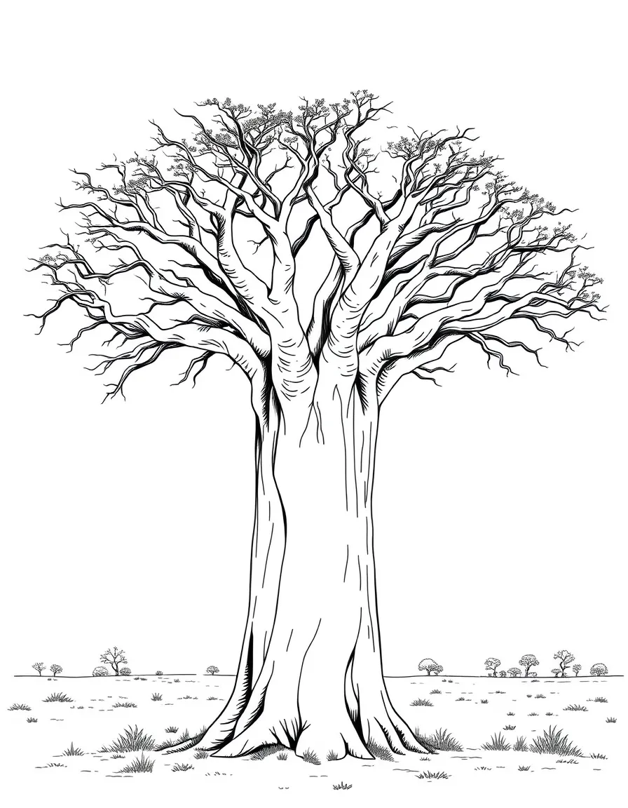 (South Africa) A massive baobab tree with a thick trunk standing alone on the savanna.