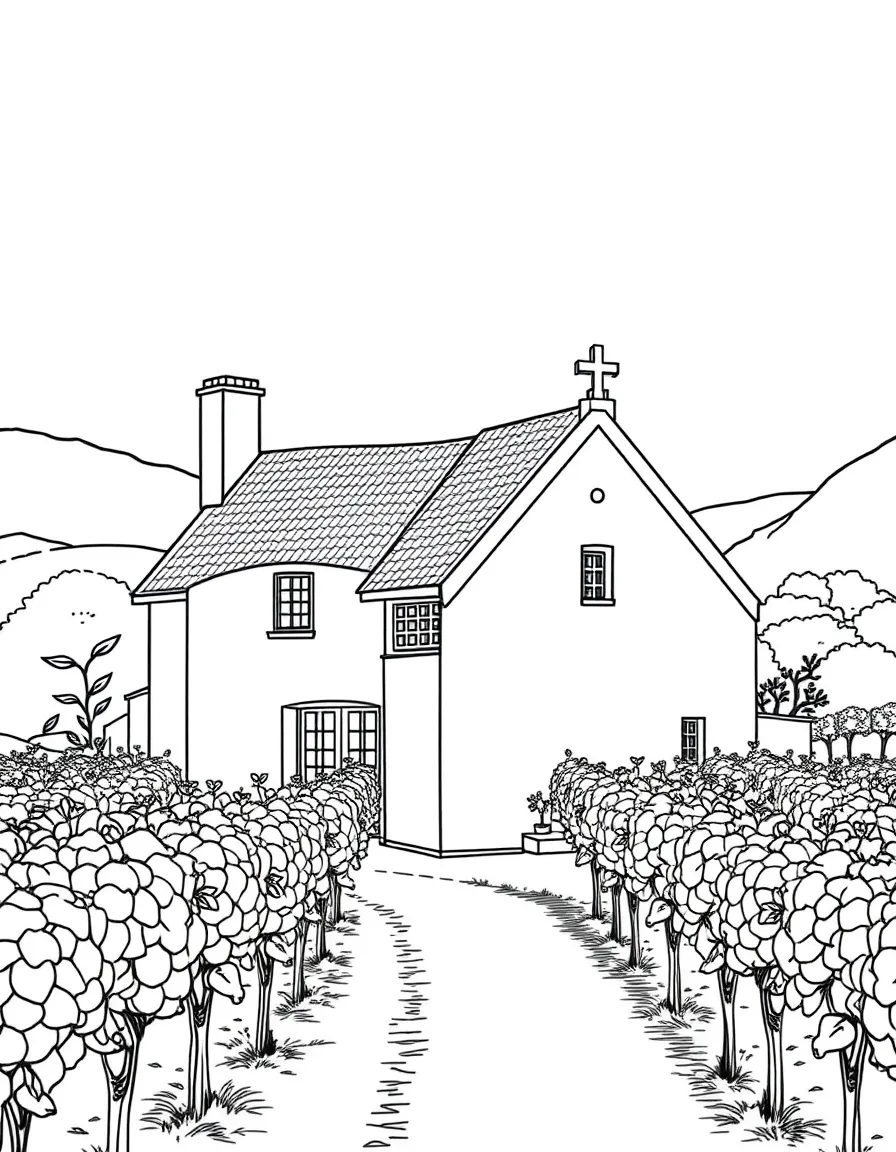 (South Africa) A white Cape Dutch farmhouse with an ornate gabled roof, set among green vineyards.