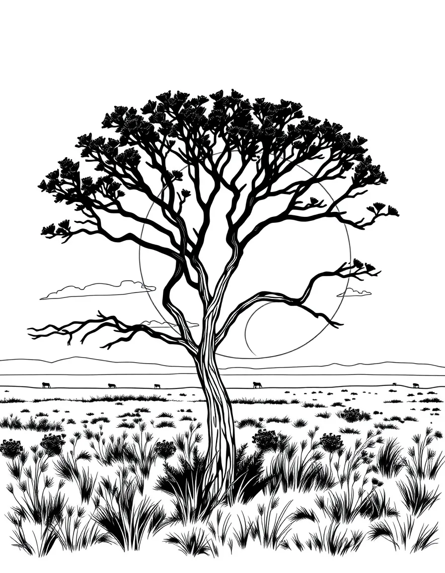 (South Africa) A beautiful orange sunset on the savanna with an acacia tree silhouetted against the sky.