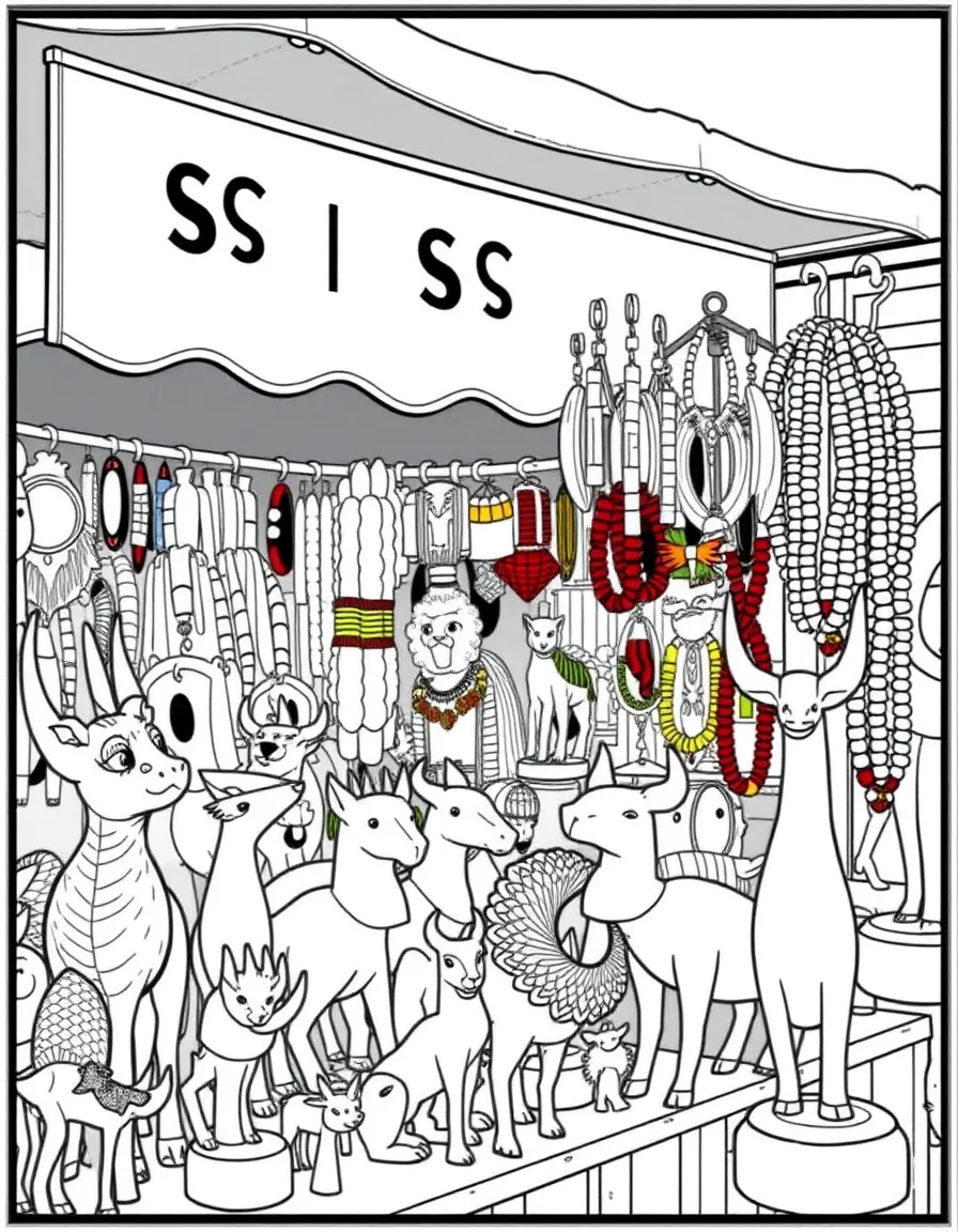 (South Africa) A market stall selling carved wooden animal figures and colorful beaded jewelry.
