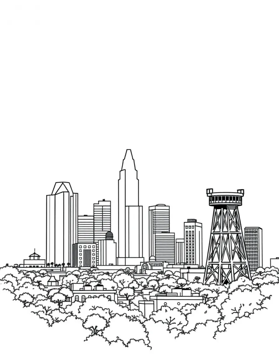 (South Africa) The Johannesburg skyline with tall buildings and an old gold mine tower from its mining days.