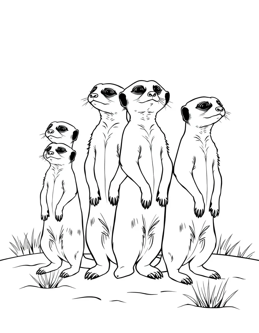 (South Africa) A family of meerkats standing upright on their hind legs and keeping watch in the desert.