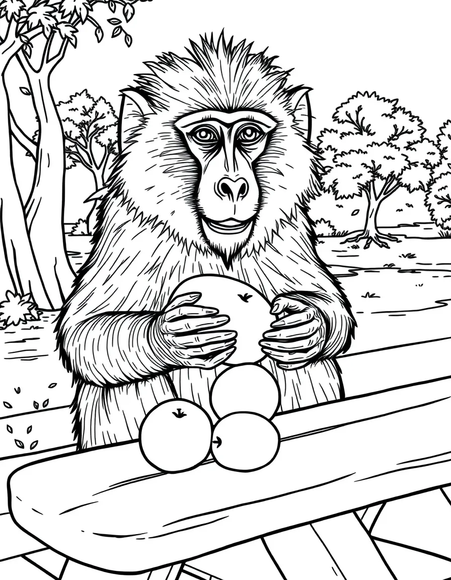 (South Africa) A cheeky baboon grabbing fruit from a picnic table at a park.