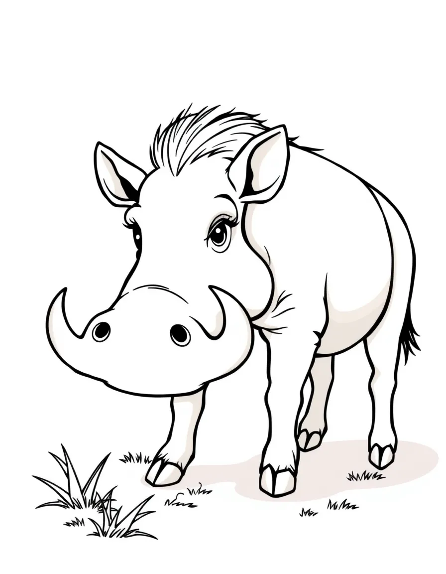(South Africa) A funny warthog kneeling down to eat grass with its tiny tusks showing.