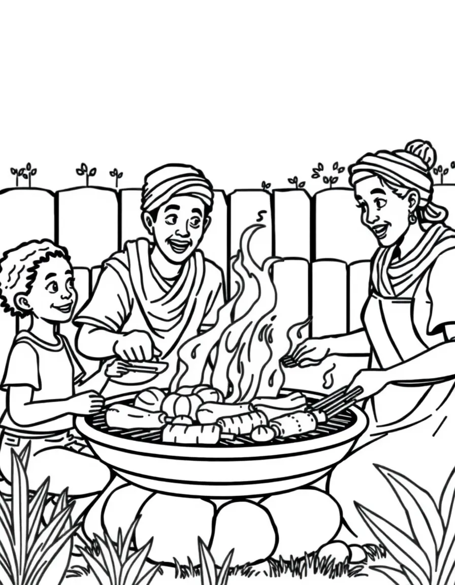 (South Africa) A family having a braai (South African barbecue) in their backyard and grilling meat.