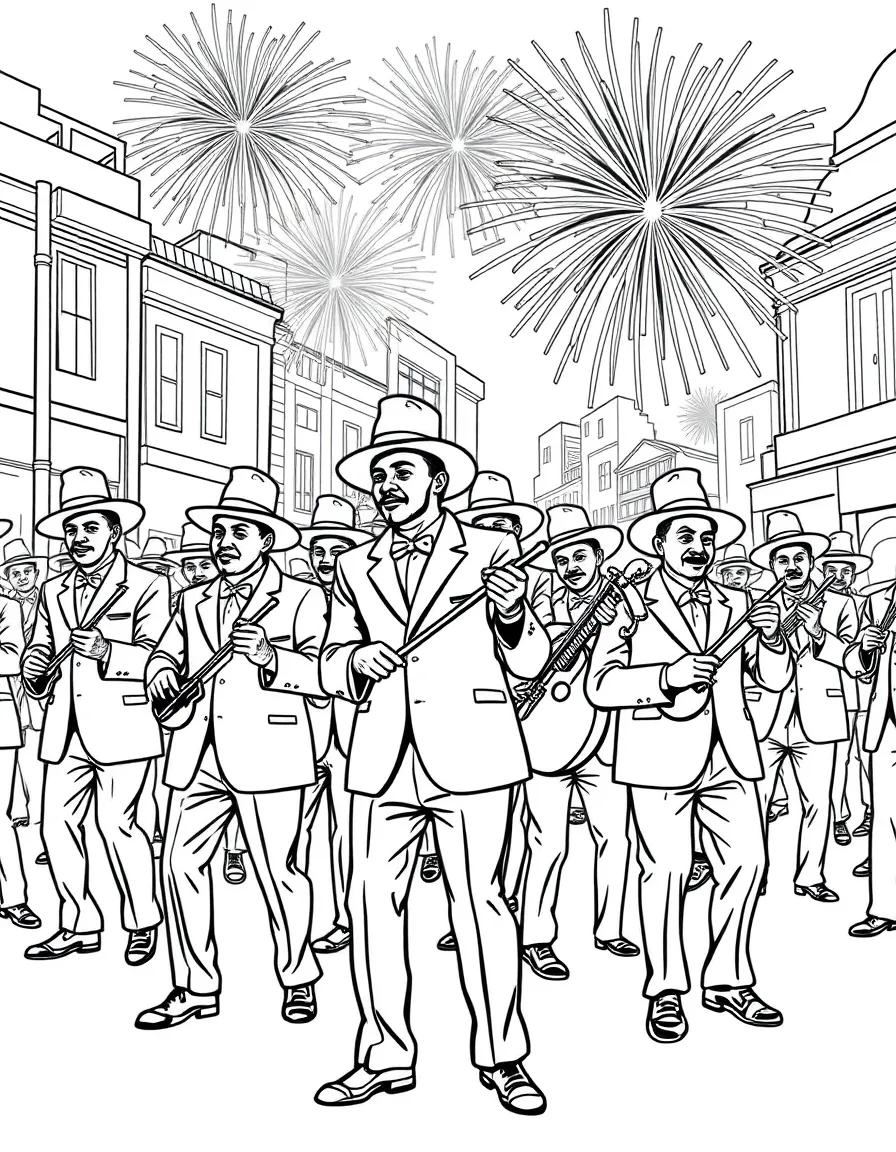 (South Africa) A group of Cape Town minstrels in bright suits and hats playing music in a New Year parade.
