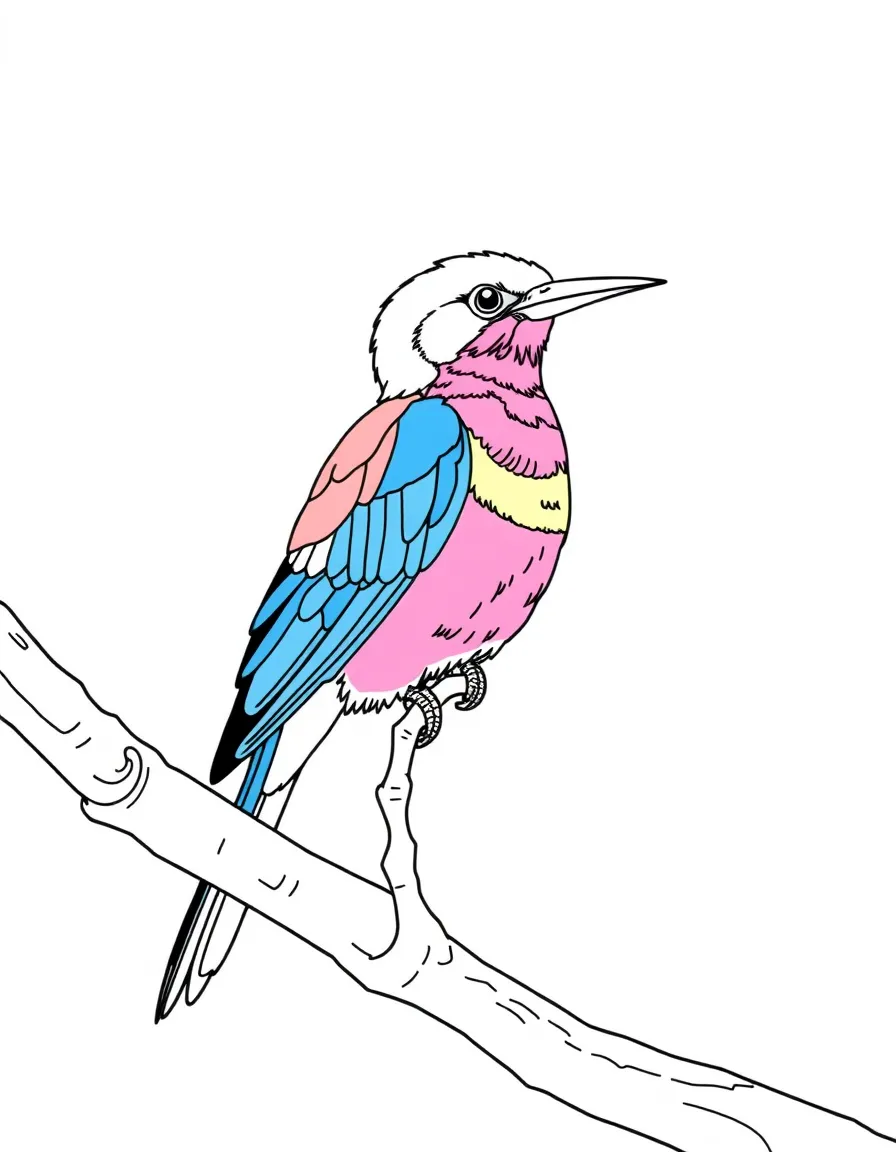 (South Africa) A colorful lilac-breasted roller bird perched on a tree branch in a game reserve.