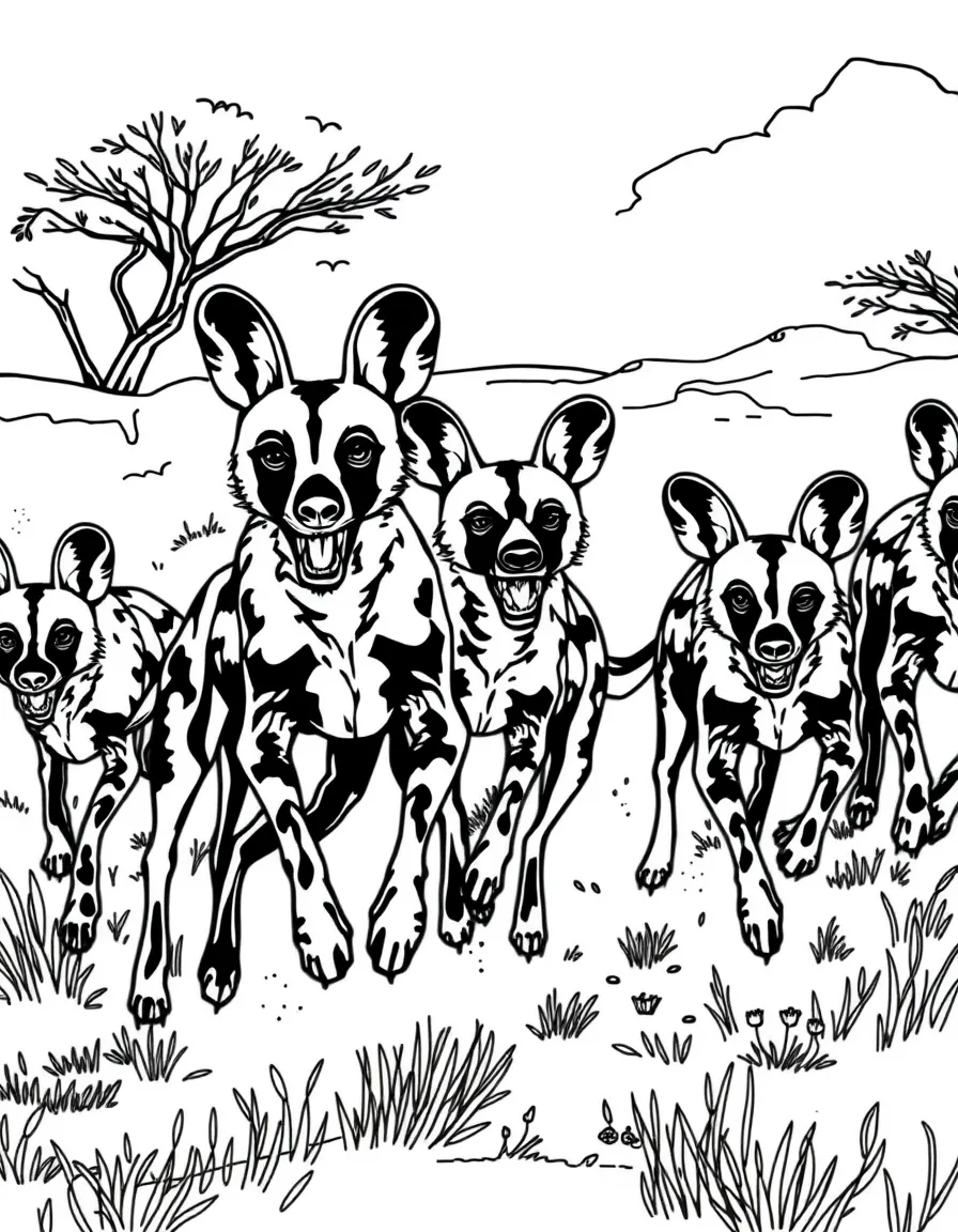(South Africa) A pack of African wild dogs (painted dogs) running together across the savanna.