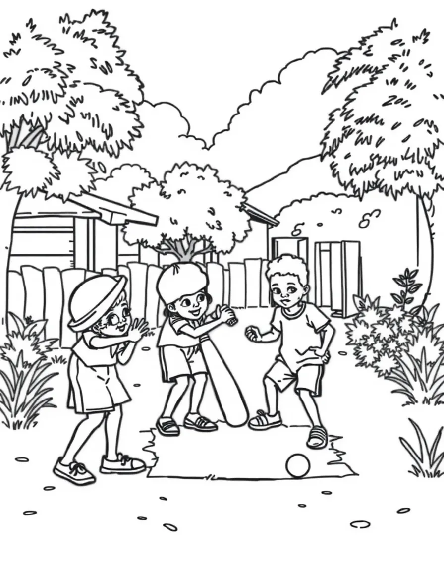 (South Africa) Children playing a game of cricket with a bat and ball in their neighborhood.