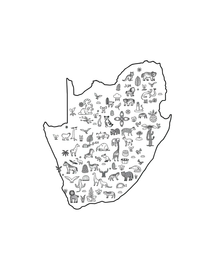 (South Africa) An outline map of South Africa filled with tiny drawings of animals, plants, and landmarks.