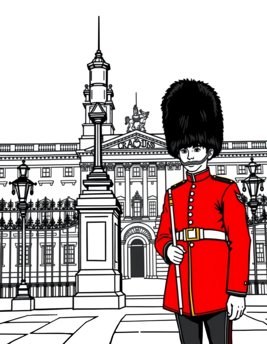 (United Kingdom) A Royal Guard at Buckingham Palace wearing a red coat and tall black hat