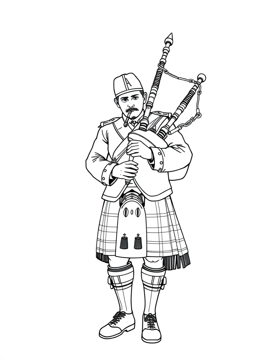 (United Kingdom) A Scotsman playing bagpipes in a kilt