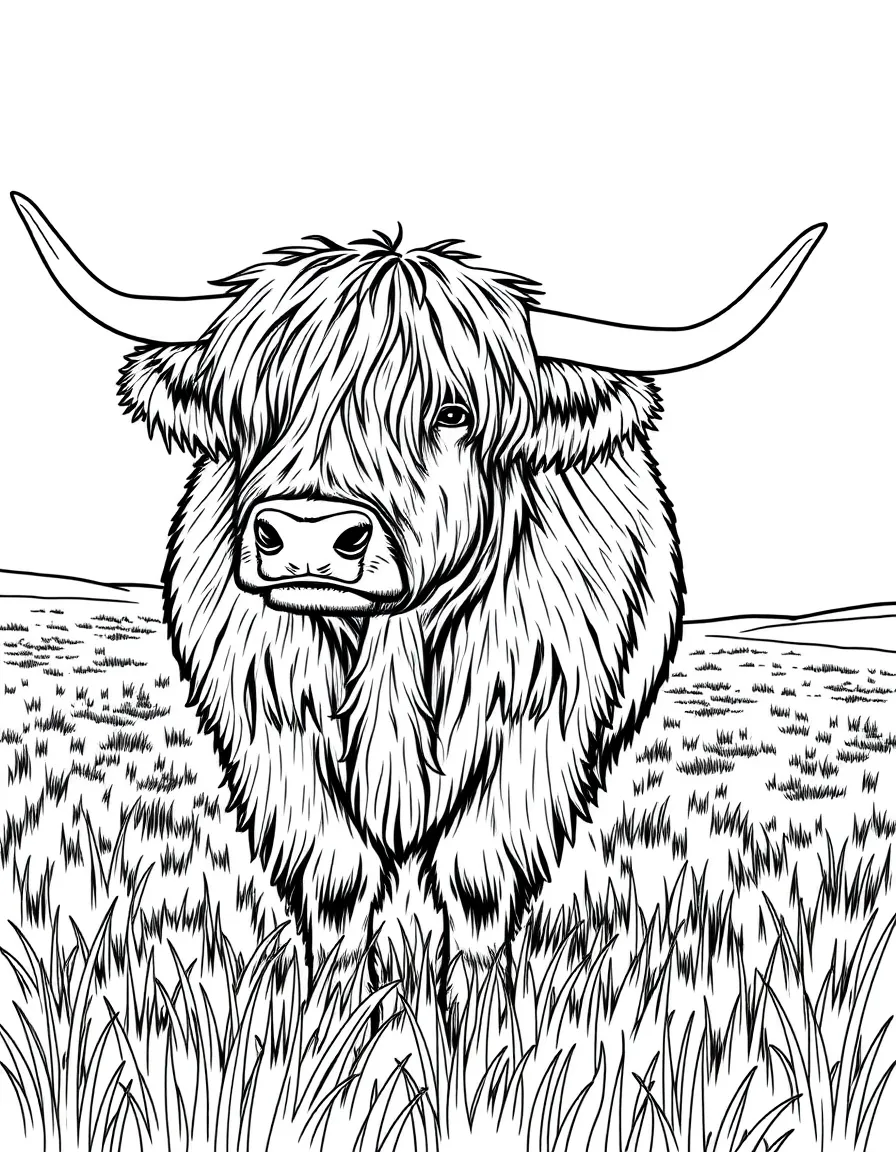 (United Kingdom) A Highland cow with long shaggy hair in a field