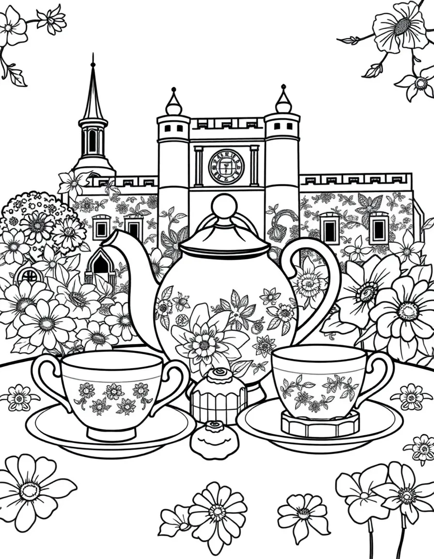 (United Kingdom) An English afternoon tea set with teapot, teacups, and treats