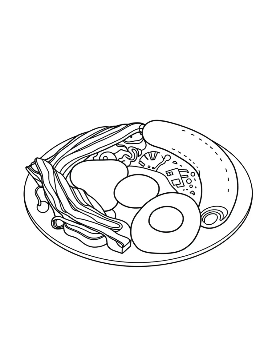 (United Kingdom) A traditional English breakfast plate (eggs, bacon, sausage, etc.)
