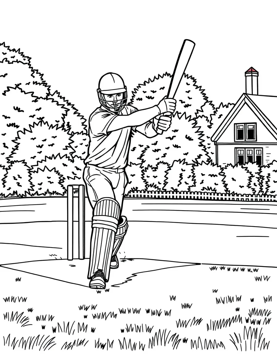 (United Kingdom) A cricket player batting on a village green (cricket game)