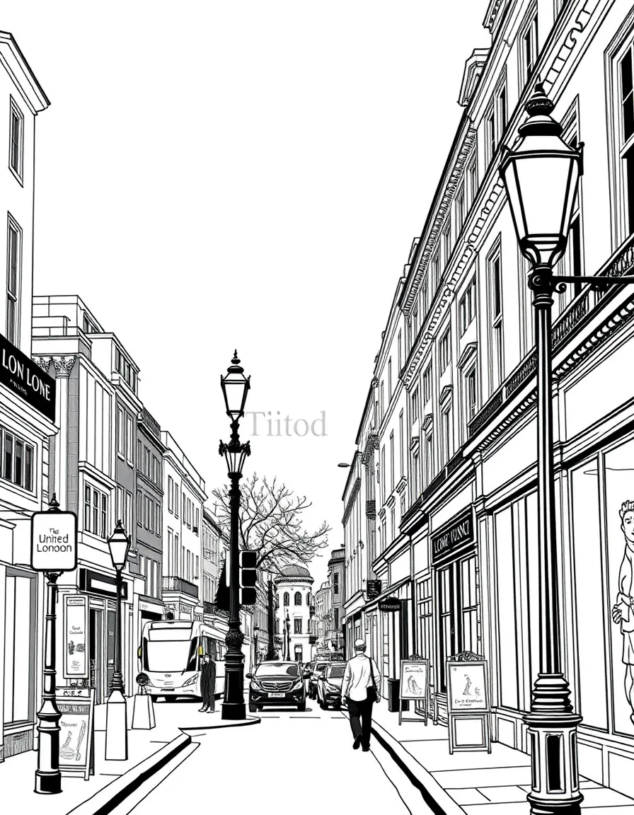 (United Kingdom) A busy London street with old-fashioned lampposts and shops
