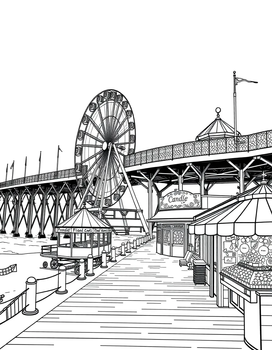 (United Kingdom) A seaside pier with a ferris wheel and candy shops (British seaside)
