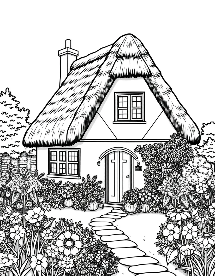 (United Kingdom) A thatched-roof cottage with a flower garden