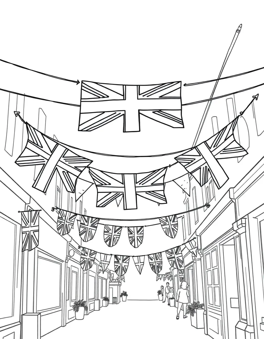 (United Kingdom) The Union Jack bunting decorations at a street party