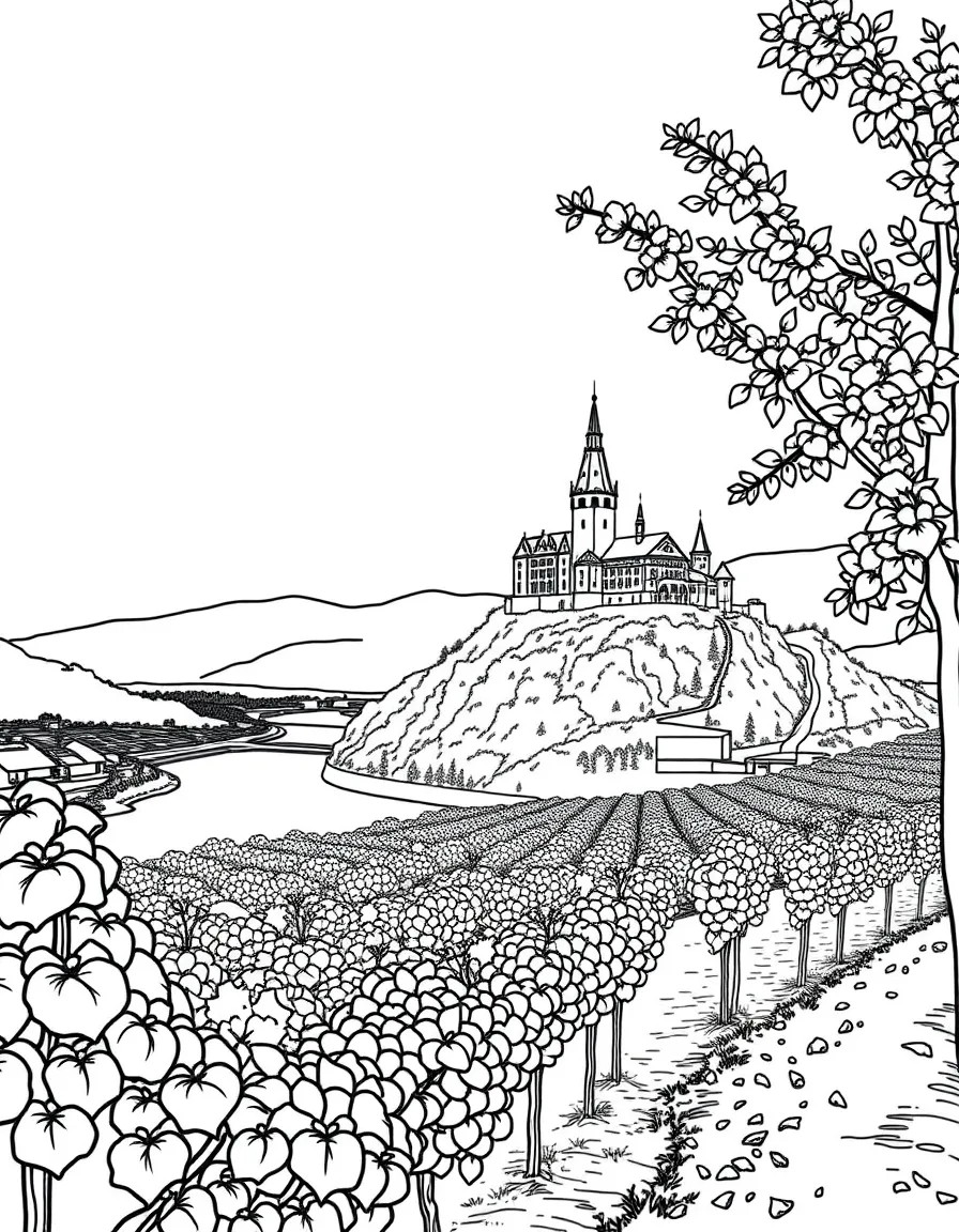 (Germany) A vineyard on the Rhine River with a castle on a hilltop