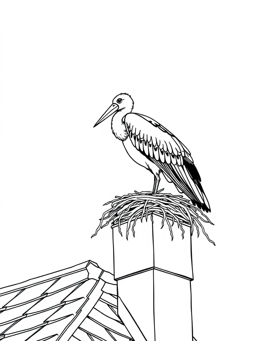 (Germany) A stork nesting on a rooftop chimney