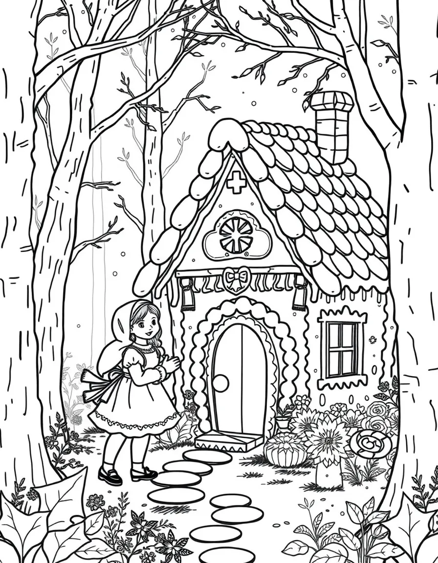 (Germany) Hansel and Gretel discovering a candy gingerbread house in the woods