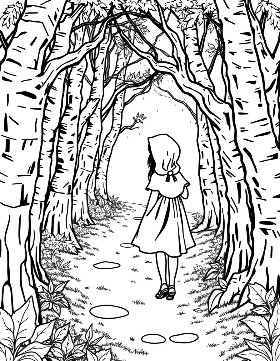 (Germany) Little Red Riding Hood walking through a forest (Grimms’ fairy tale scene)