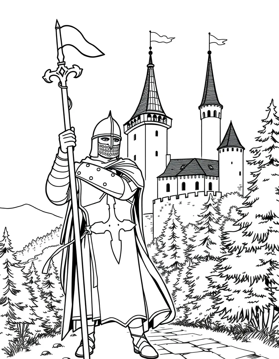 (Germany) A medieval knight with a castle in the background (German folklore)