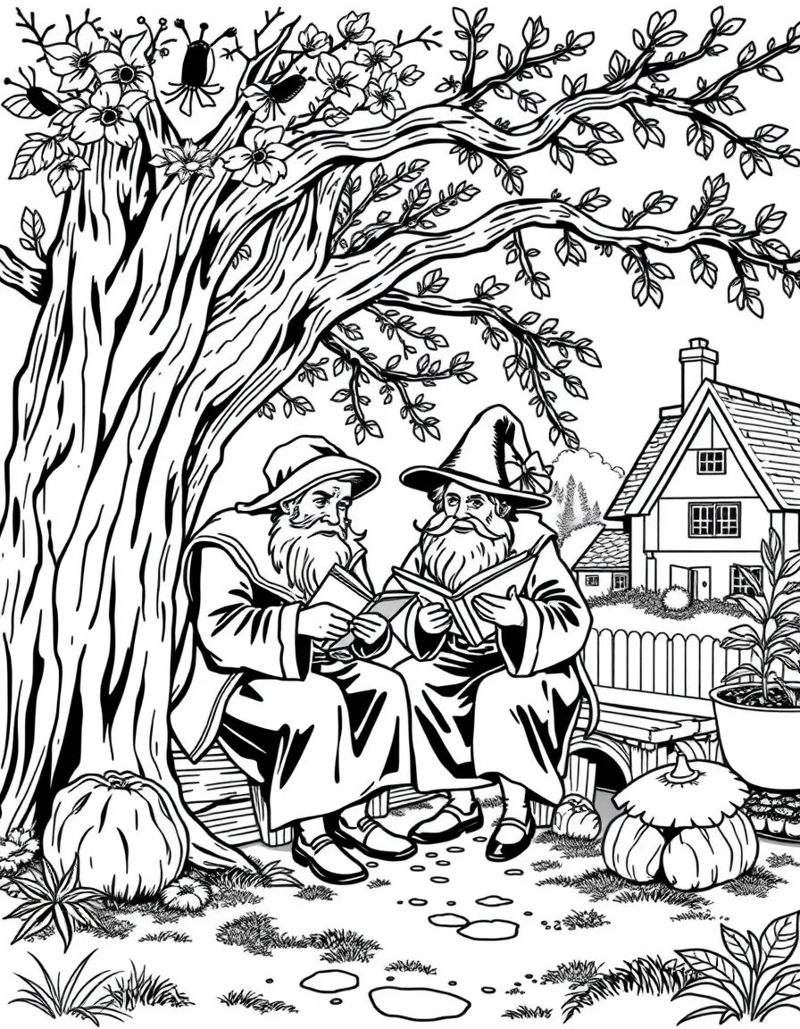 (Germany) A scene of the Brothers Grimm writing stories under a tree