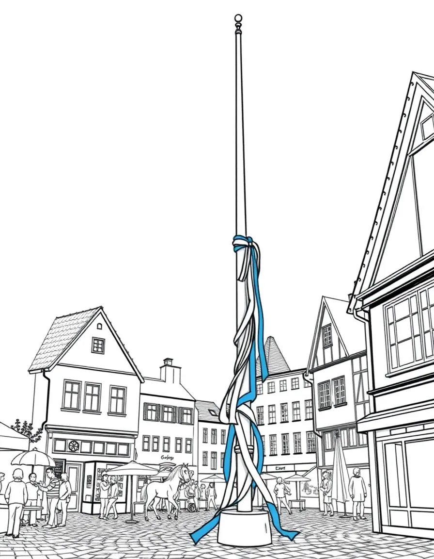 (Germany) A tall blue-and-white painted maypole with ribbons in a town square