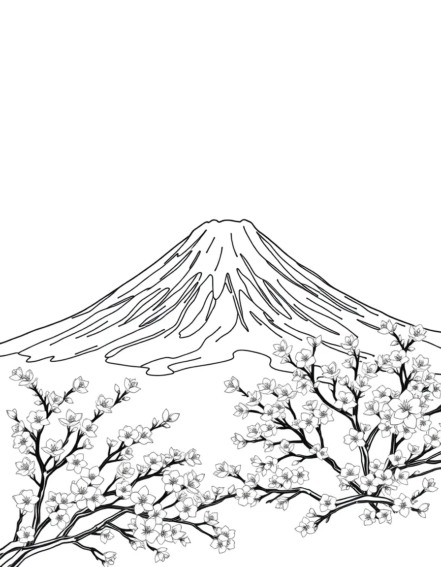 (Japan) Mount Fuji, the famous snow-capped mountain, with cherry blossoms in the foreground
