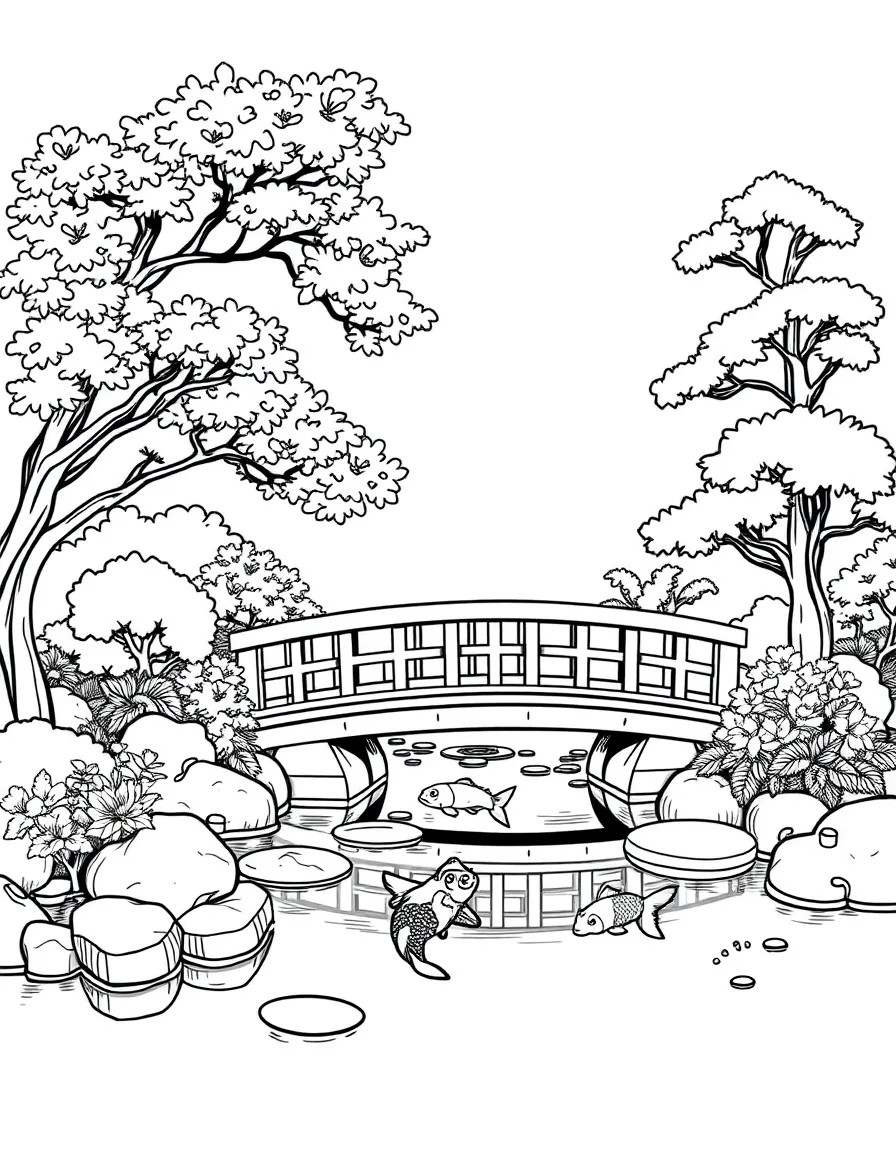 (Japan) A Japanese garden with a bridge over a koi fish pond