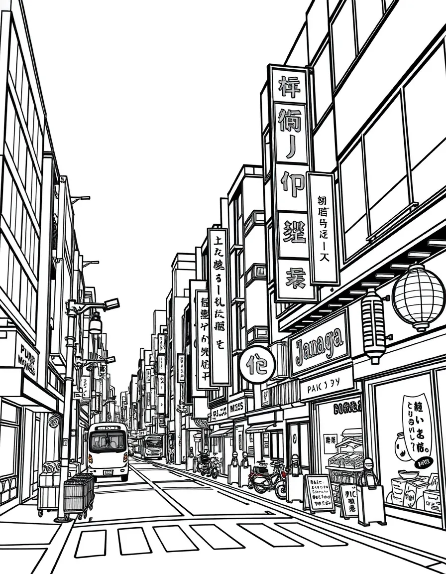 (Japan) A street in Tokyo with neon signs and buildings (modern city scene)