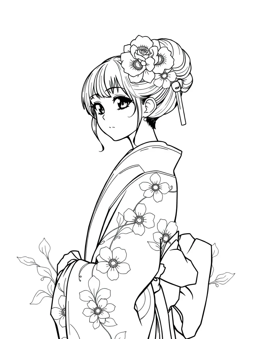 (Japan) A girl wearing a kimono with floral patterns