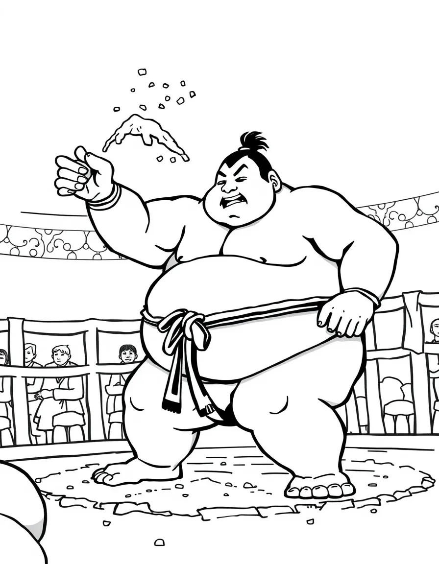 (Japan) A sumo wrestler in a match throwing salt in the ring