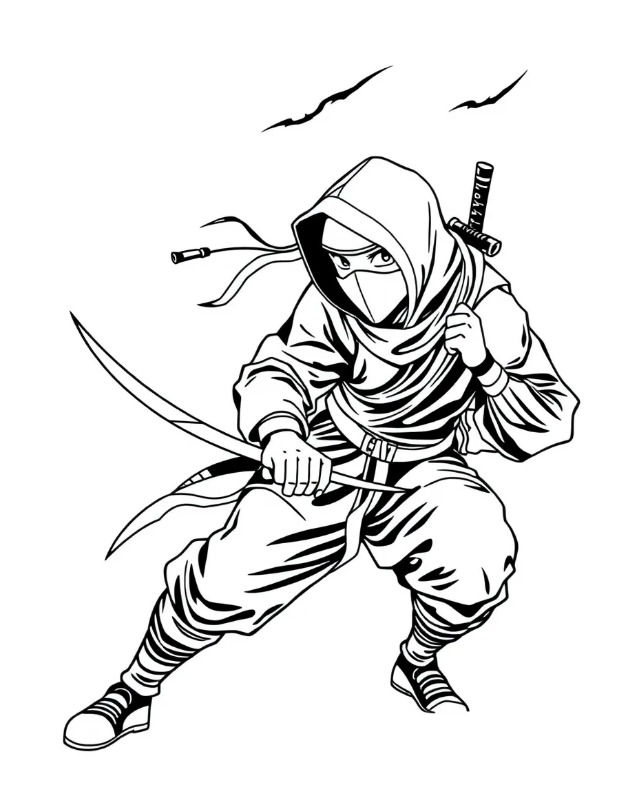 (Japan) A ninja in black outfit sneaking with ninja stars