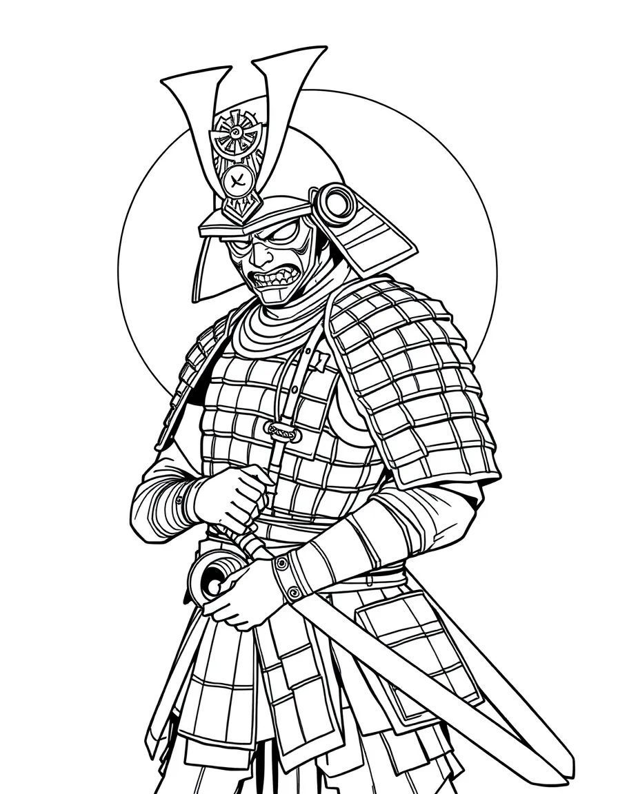 (Japan) A samurai warrior in armor with a helmet and sword