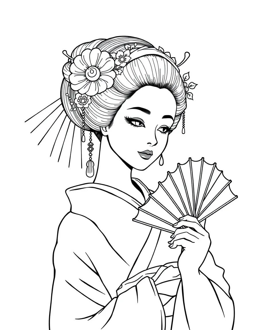 (Japan) A geisha with traditional hairstyle, makeup, and fan