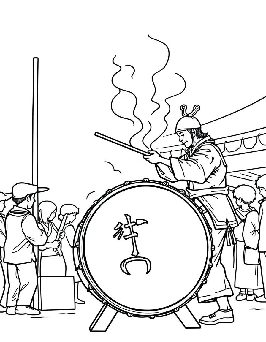 (Japan) A taiko drummer playing a big drum at a festival