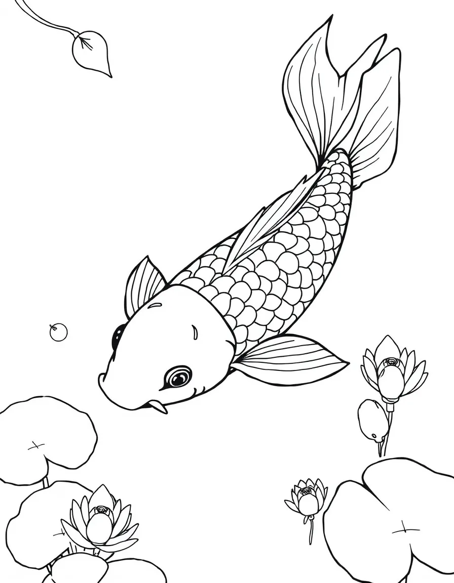 (Japan) A koi fish swimming in a pond with lily pads