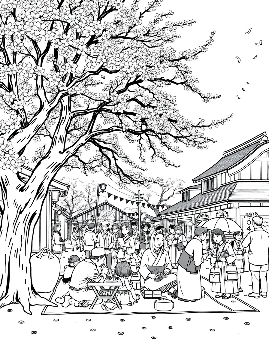 (Japan) A spring festival scene with people having a hanami picnic under cherry trees