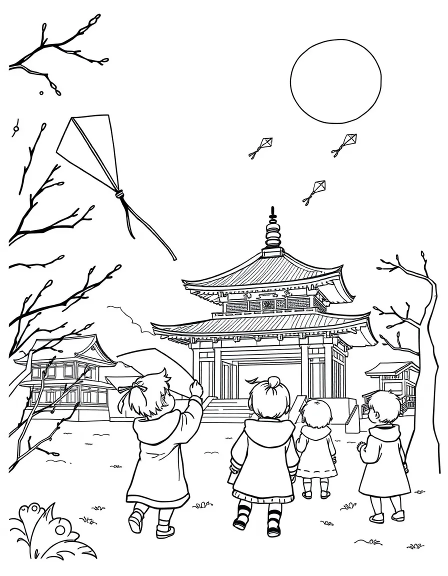 (Japan) A New Year’s scene with children flying kites at a temple