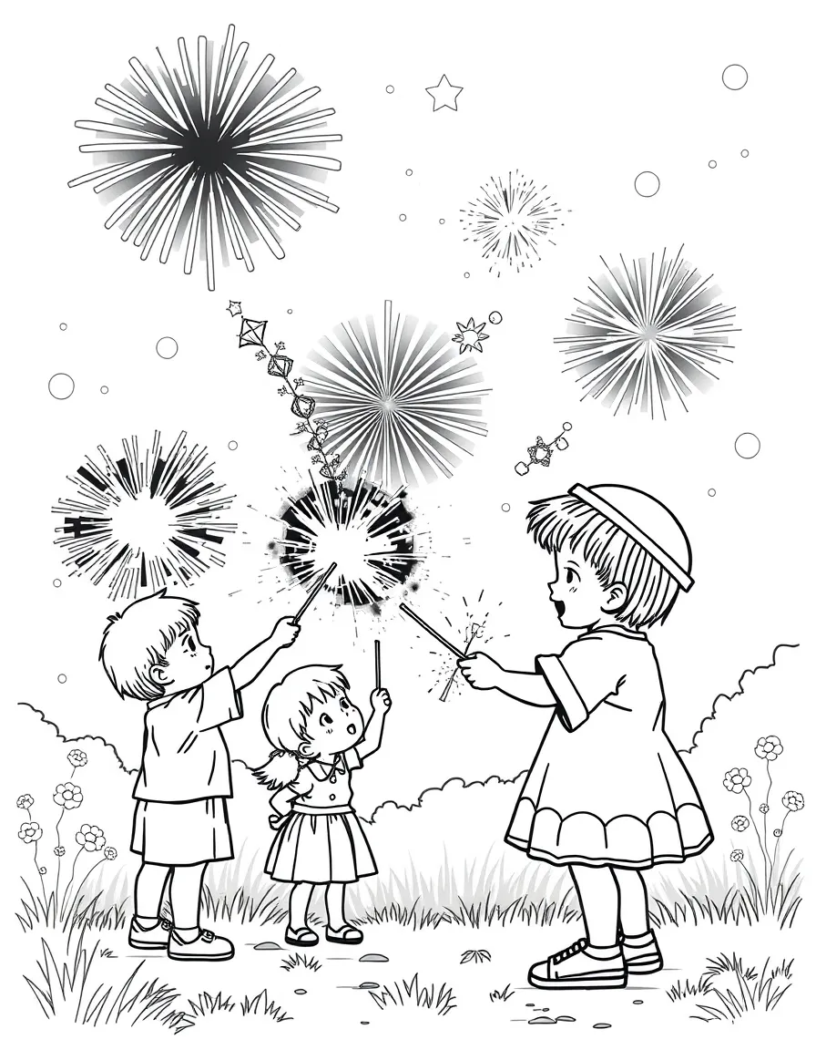 (Japan) Children playing with sparklers (Hanabi fireworks) on a summer night