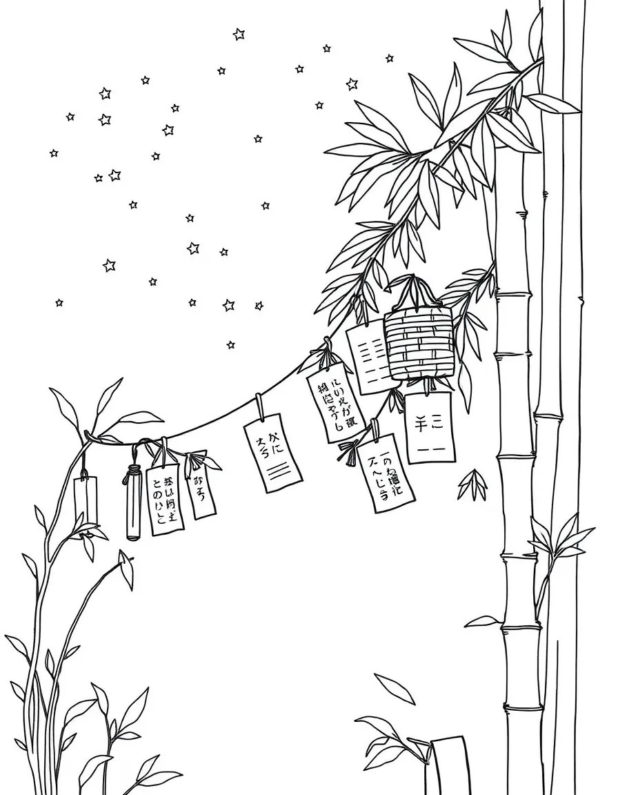 (Japan) A scene of the Star Festival (Tanabata) with wishing papers on bamboo