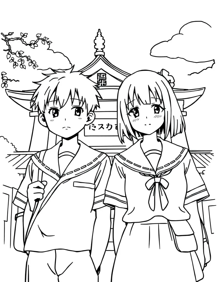 (Japan) A Japanese schoolboy and schoolgirl in uniform (education in Japan)