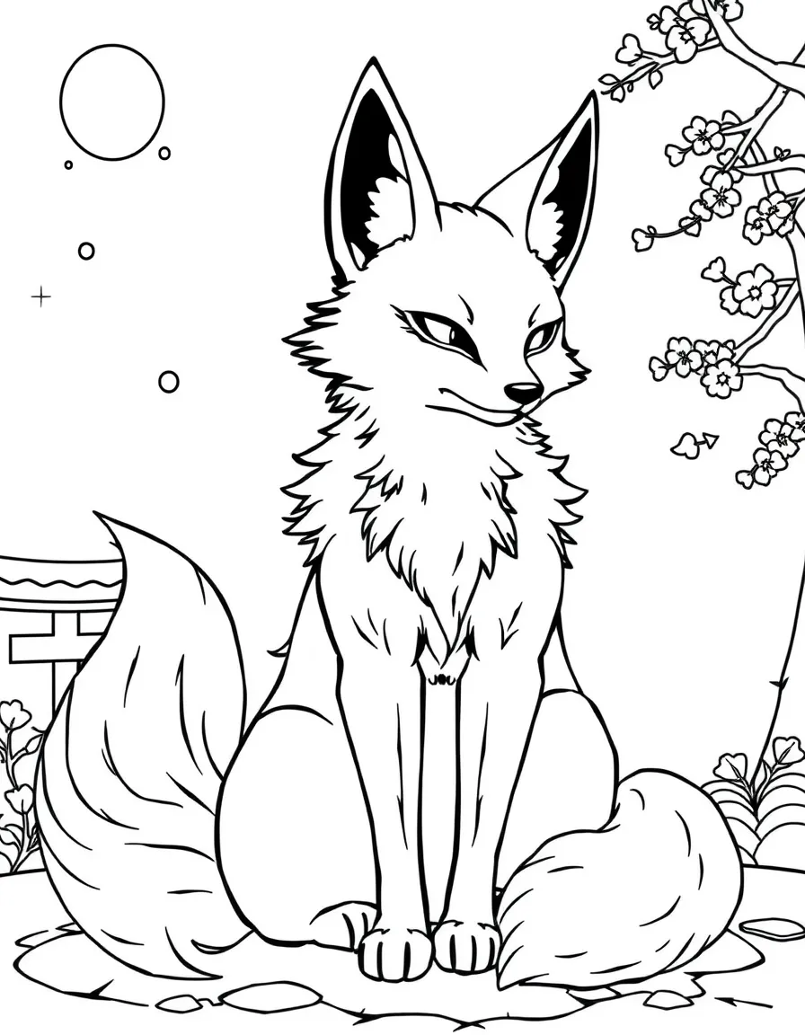 (Japan) A kitsune (fox spirit) with multiple tails sitting by a shrine