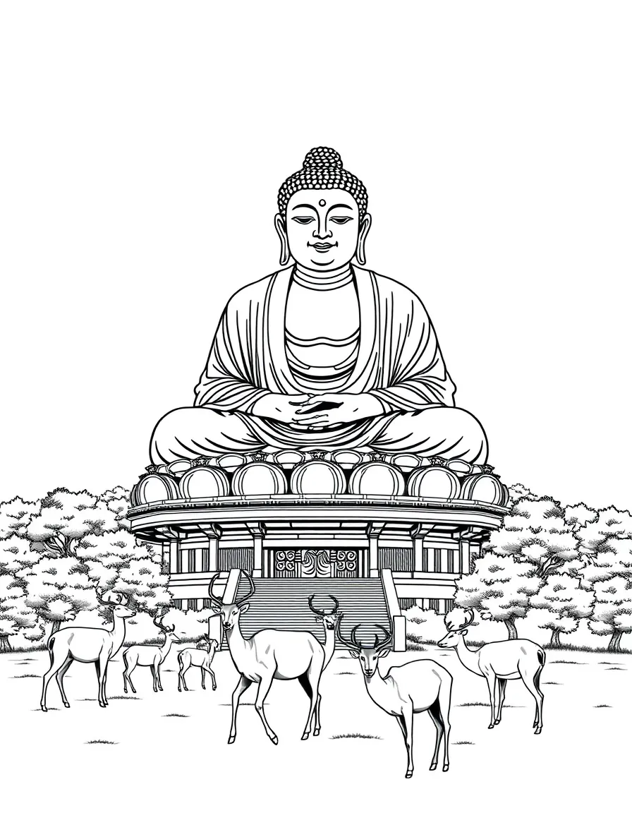 (Japan) A giant Buddha statue (Daibutsu) with deer grazing around, like at Nara Park