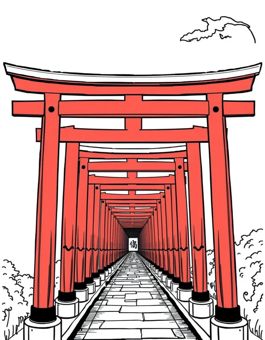 (Japan) A tunnel of many bright red torii gates in a row (like at Fushimi Inari Shrine)
