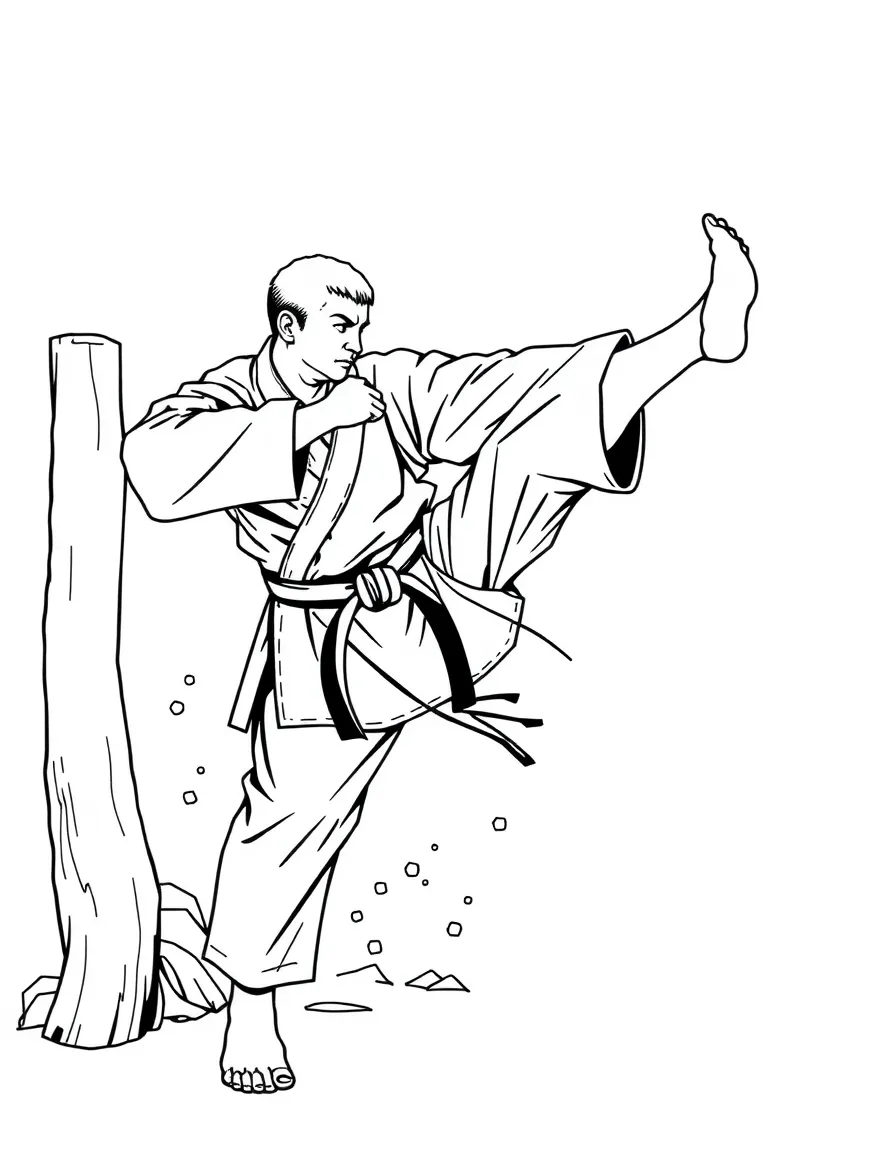 (Japan) A karate martial artist breaking a wooden board with a kick